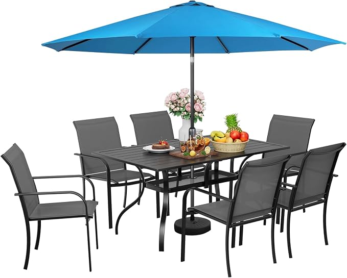 Incbruce 8 Pieces Patio Dining Set with Sky Blue Umbrella, Outdoor Dining Set of 6 Textilene Chairs and Rectangle Table with Umbrella Hole for Backyard, Garden, and Poolside (Grey)