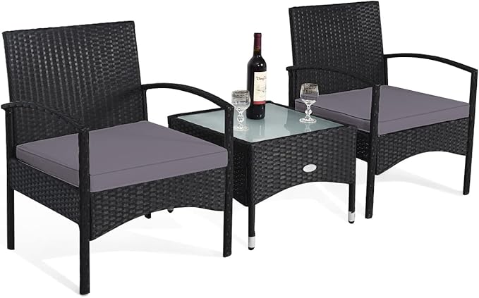 Tangkula 3 Pieces Patio Wicker Rattan Furniture Set, Rattan Chair with Coffee Table, High Load Bearing Chair Conversation Sets for Patio Garden Lawn Backyard Pool