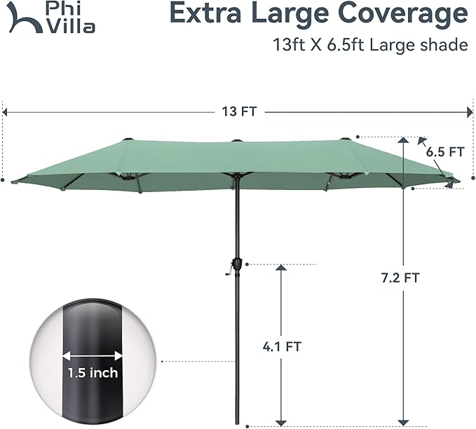 PHI VILLA 13ft Large Patio Umbrellas, Double-Sided Outdoor Market Rectangle Umbrella for Outside, Mint Green