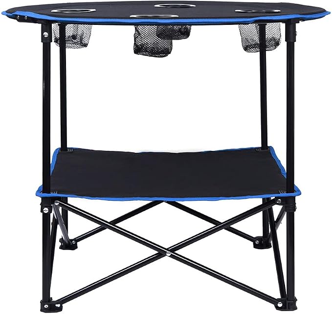 LEADALLWAY Folding Picnic Table Outdoor Camping Table Canvas Travel Table | Portable, Collapsible 4 Cup Holders and Carrying Bags, for Outdoor Picnic,Barbecue,Travel,Fishing (Black+Blue)