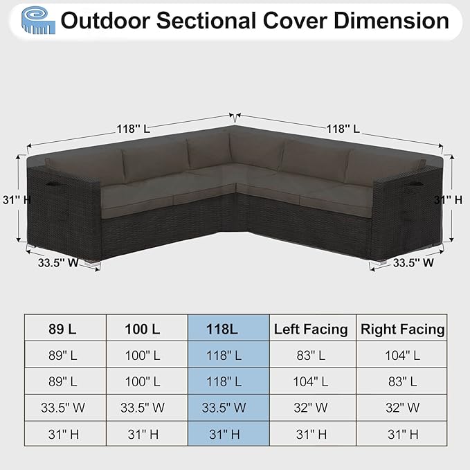 OutdoorLines Waterproof Outdoor Patio Sectional Cover - UV Resistant & Windproof V-Shaped Patio Furniture Covers for Deck, Lawn and Backyard, 420D Heavy Duty Couch Cover 118" L (on Each Side) Black