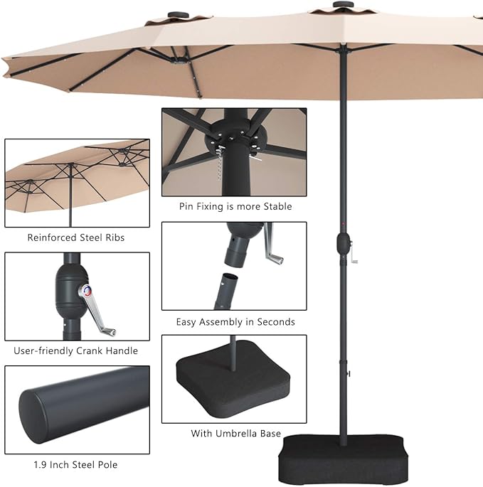 Tangkula 15 Ft Solar Patio Umbrella with Base, Extra Large Outdoor Double-Sided Twin Umbrella with 36 LED Lights & Crank Handle for Garden, Deck, Poolside, Patio (Beige)
