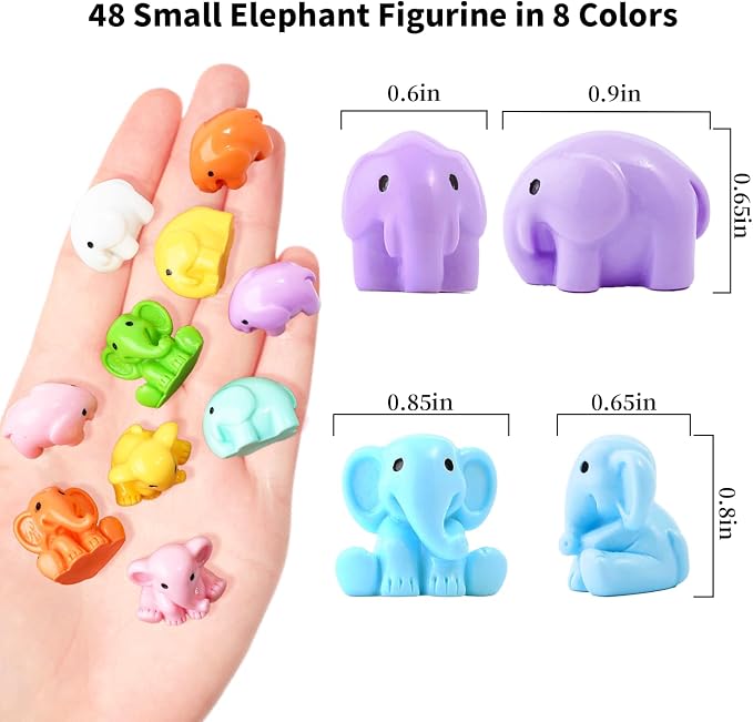 48 Pieces Small Elephant Figurine, 8 Colors Miniature Animal Figurines Tiny Resin Elephants to Hide for Landscape Garden DIY Craft Home Decor