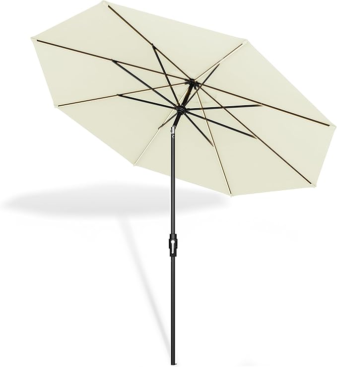 Midtown Umbrellas The LED Swilt 10 Feet Patio Umbrella With Sunbrella Canvas Natural Acrylic Fabric - Auto-Tilt Aluminum Frame With LED Lights For Backyard, Deck, Garden, Pool - Black Pole