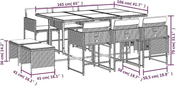 11-Piece Outdoor Dining Set for 10 People, UV-Resistant Poly Rattan Patio Furniture with Tempered Glass Table and Stackable Chairs, Black and Cream White