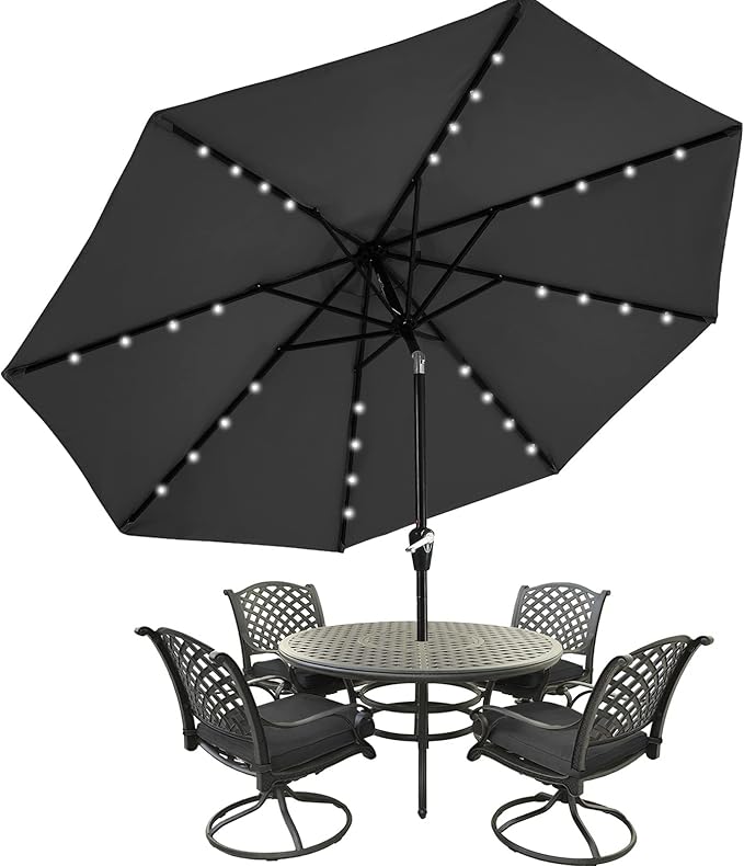 MASTERCANOPY 9FT 8Ribs Patio Umbrella with 32 Solar LED Lights, Outdoor Market Umbrella with Tilt & Crank, UV Protection & Fade Resistant Fabric, Easy Set-Up for Garden, Deck, Pool (Dark Gray)