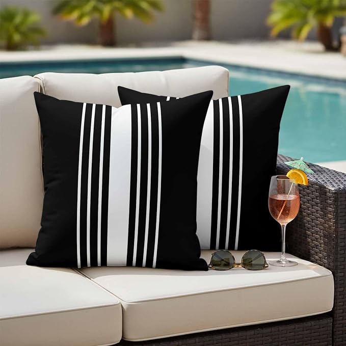 Black White Stripe Outdoor Pillow Covers 24x24 Inch Throw Pillow Covers Set of 2 Waterproof Decorative Pillow Cases Modern Rustic Vertical Striped Cushion Covers for Patio Furniture Garden Couch Sofa