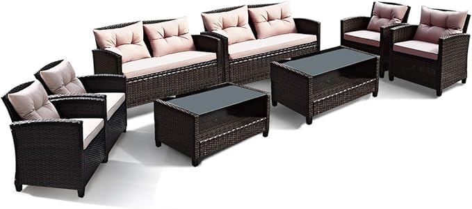 Tangkula 8-Piece Patio Furniture Set, Rattan Wicker Chair Set with 2 Loveseat, 4 Single Sofas, 2 Coffee Table with Tempered Glass Top, Outdoor Furniture Sets for Backyard, Porch, Garden and Poolside