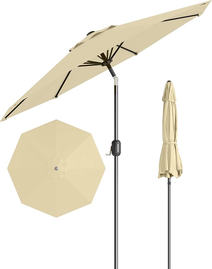 GarveeLife 9 ft Patio Umbrella, Outdoor Table Market Umbrella with Push Button Tilt and Crank, 8 Sturdy Ribs UV Protection Waterproof for Garden, Deck, Backyard, Pool (Beige)