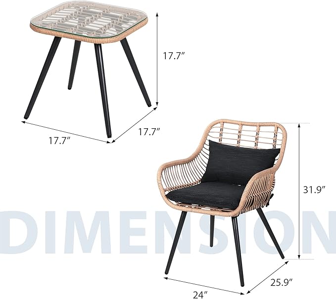 JOIVI 3-Piece Patio Set, Outdoor Wicker Conversation Bistro Sets for Porch, Backyard with Square Glass Top Coffee Table, Cushions and Lumbar Pillows