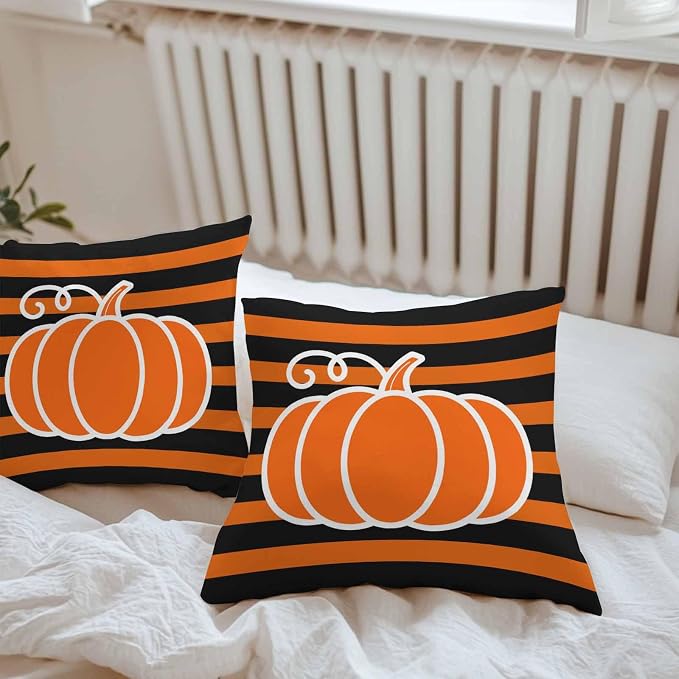 Orange Pumpkins Outdoor Waterproof Pillow Covers, Autumn Black Stripes Farmhouse Decorative Square Throw Pillowcase Sofa Cushion Sham for Patio/Couch/Chair, 26"x26" 2 Pack
