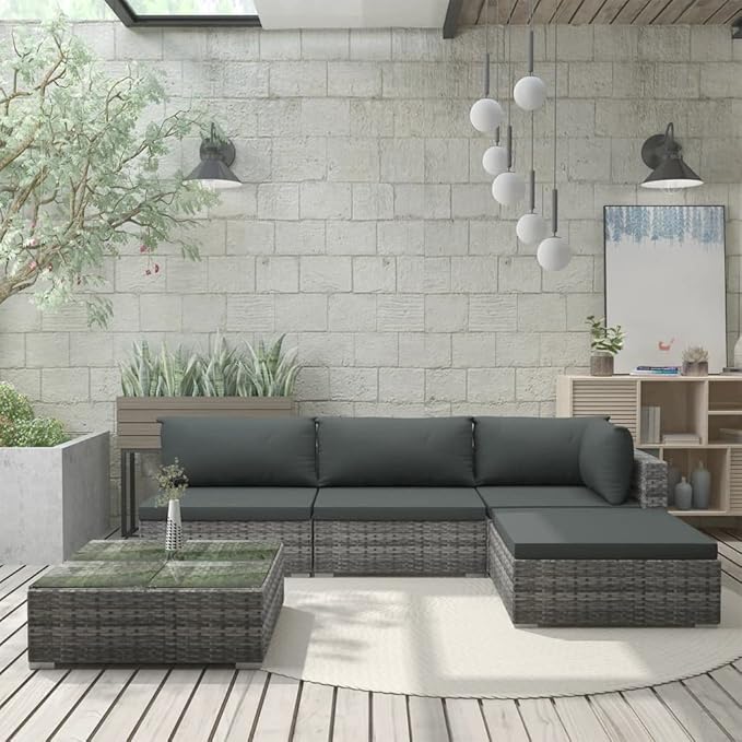 vidaXL Patio Furniture Set 5 Piece, Patio Conversation Set with Cushions, Outdoor Sectional Sofa with Coffee Table for Garden, Poly Rattan Gray