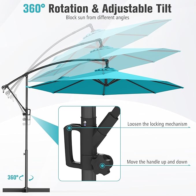 Tangkula 10 FT Patio Offset Umbrella, Hanging Cantilever Umbrella w/X-shaped Base & 360° Rotation, Smooth Crank Handle, Vented Top, Outdoor Market Umbrella for Backyard, Deck (Turquoise)