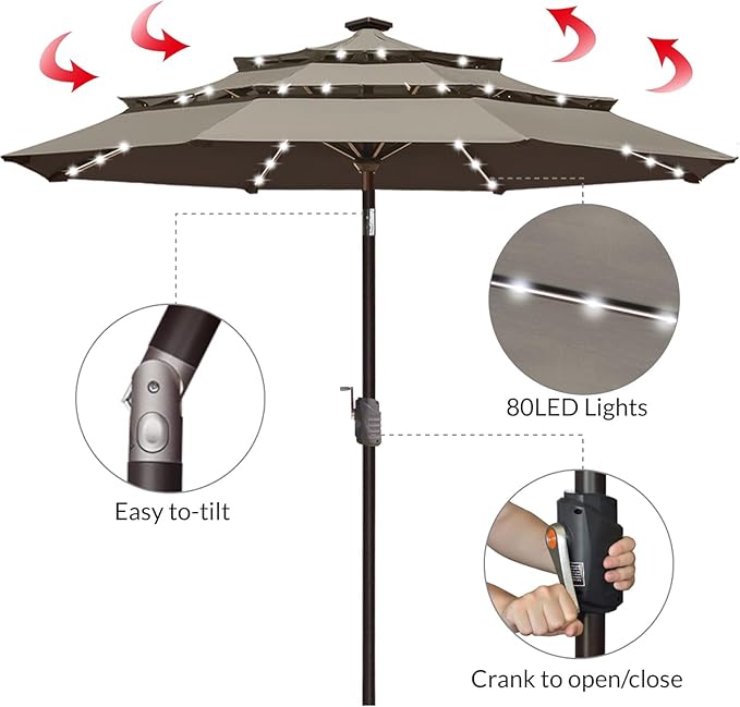 EliteShade USA 10-Year-Non-Fading 9ft 3-Tier Market Patio Umbrella, Commercial Table Umbrella with 80 Solar LED Lights, Crank Open, Windproof & UPF 50+ UV Protection for Garden, Deck, Pool, Backyard, Taupe