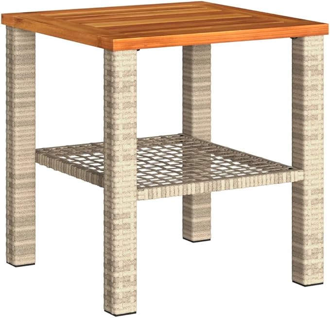 Beige 15.7x15.7x16.5 Inch PE Rattan Side Table with Acacia Wood Top for Garden Patio Backyard