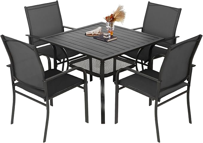 5-Piece Patio Dining Set,4 Person Outdoor Table and Chairs Set, 4 Metal Dining Chairs and Square Outdoor Table with 1.57" Umbrella Hole,Black