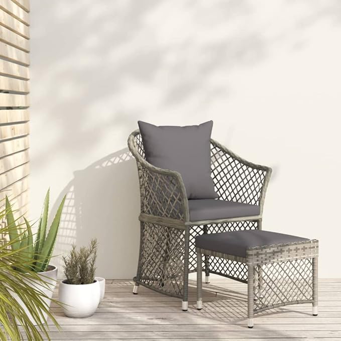 2 Piece Small Grey PE Rattan Garden Lounge Chair Set with Cushions, 16.5"x17"x14.4" Modern Compact Outdoor Patio Furniture for Balcony Apartment and Sunroom