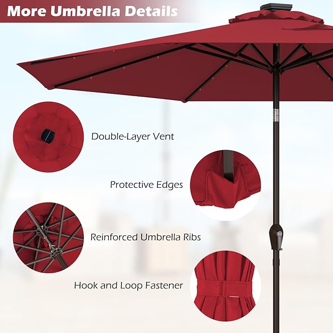 Giantex 9ft/10ft Outdoor Patio umbrella with Solar Lights, Table Market Umbrella with Crank and Push-button Tilt System, Solar LED Lighted Patio Umbrella for Backyard Deck Pool Beach