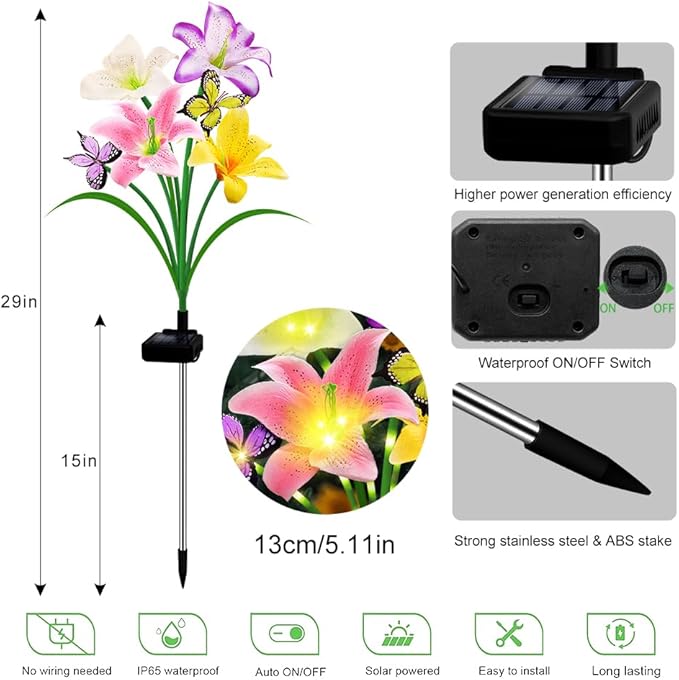 Solar Lights Outdoor, Gift for Women Mom Grandma Wife, 4 Pack 16 Solar Lily Flower Lights With 8 Butterfly Decor, Solar Flower Lights Waterproof Outside Decor Stake Light for Landscape Yard Patio Lawn