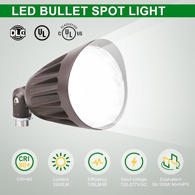 OSTEK 25W LED Bullet Spotlight Flood Light, 3CCT Selectable LED Landscape Spotlight with Knuckle Mount 3500LM, 0-10V Dimmable Commercial Outdoor Weatherproof Flood Light 120-277V, UL-Listed (6 Pack)