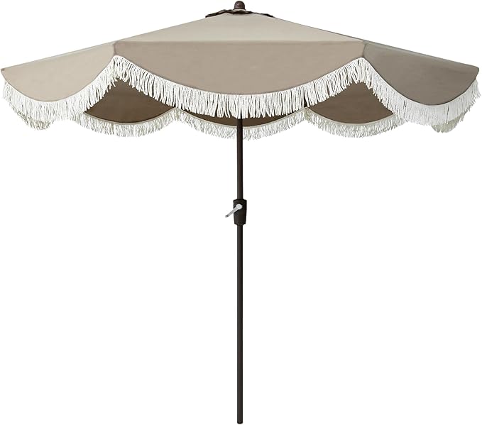 Tempera 9ft Auto Tilt Scalloped Patio Umbrellas with Fringe, Outdoor Table Umbrellas with Fade Resistant Canopy, 8 Sturdy Rids, Luxurious Vintage Umbrellas for Lawn, Pool, Deck, Balcony