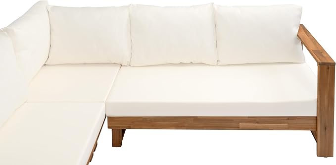 Christopher Knight Home Tenny 5-Seater Acacia Wood Patio Furniture Set, Outdoor Conversation Corner Sofa Set with Club Chair+Coffee Table, Patio Sectional Chat Set for Backyard/Balcony, Teak+Beige