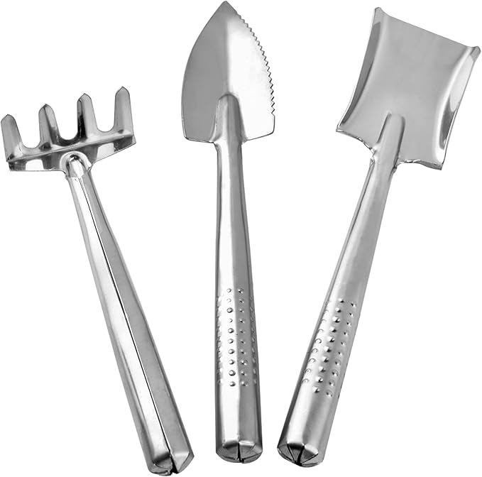 3 Pieces Mini Garden Tools Set, Stainless Steel Shovel Rake Spade Gardening Kit Lightweight Hand Trowel Transplant Trowel Hand Rake for Loose Succulents Potted Flower Seedling Soil