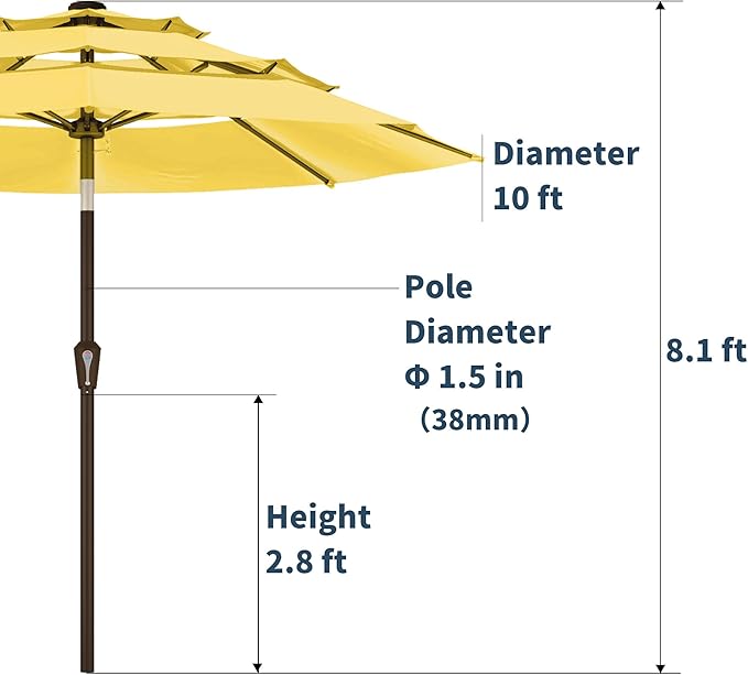 PatioKingdom 9ft 3-Tier Patio Market Umbrella with Crank/Tilt, Commercial Heavy Duty Wind Proof,Outdoor Table Umbrella with 8 Fiberglass Ribs,UPF50+ for Deck,Pool,Garden,Backyard (Yellow)