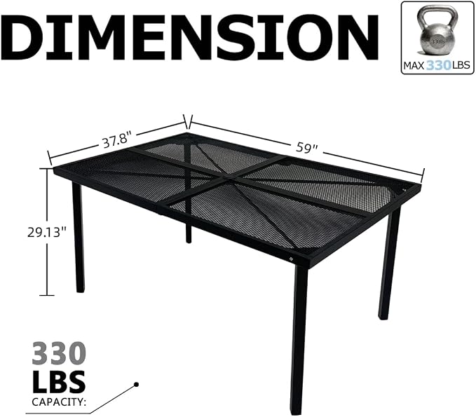Outdoor Patio Dinning Table for 6, Rectangular Metal Steel Patio Outdoors Tables with Umbrella Hole All Weather-Resistant for Lawn Backyard Garden, Porch