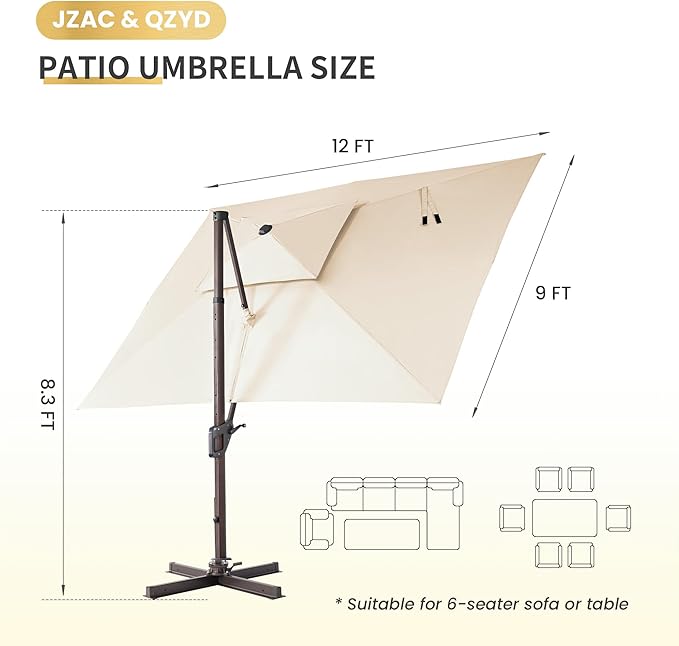 JZAC & QZYD 9x12 FT Outdoor Cantilever Patio Umbrella with LED Lights, Large Heavy Duty 2-Tier Aluminum Offset Umbrellas with 360-Degree Rotation for Pool Deck, Beige