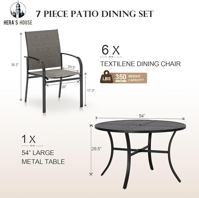 HERA'S HOUSE 7pc Patio Dining Set, 54" Round Table, 6 Brown Chairs | Outdoor metal table with umbrella hole, textilene chairs. Waterproof, rust-resistant, all-weather for backyard, porch