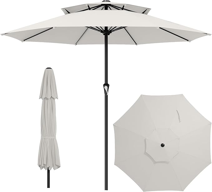 AreShark 11ft 2 Tiers Patio Umbrella - Outdoor Umbrella Waterproof UV Protection, Market Table Umbrella w/ 8 Sturdy Ribs&Crank for Pool, Porch, Garden(Ivory)