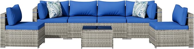 7 Piece Patio Furniture Set, Outdoor Wicker Patio Sofa Set, PE Rattan Sectional Couch with Glass Table and Blue Cushions, All-Weather 7 Piece Outdoor Patio Furniture Sets, Grey