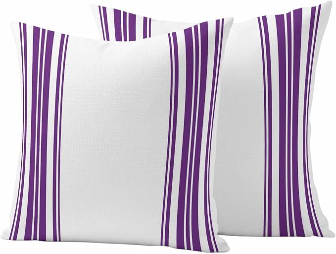 Outdoor Waterproof Throw Pillow Covers Set of 2 Purple Stripes Pillowcases 18x18 Inches White Vertical Striped Decorative Pillows Cushion Case Patio Pillows for Couch Bed Chair Garden