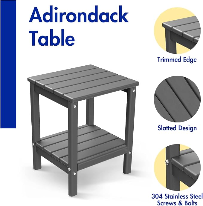 BRIOPAWS Outdoor-Side-Tables | Set of 4 | Small | HDPE Plastic | Patio End-Table | 2-Shelf Adirondack Outside Tables | All Weather | for Poolside Front Porch Indoor Living Room | 14" x 13" | Grey