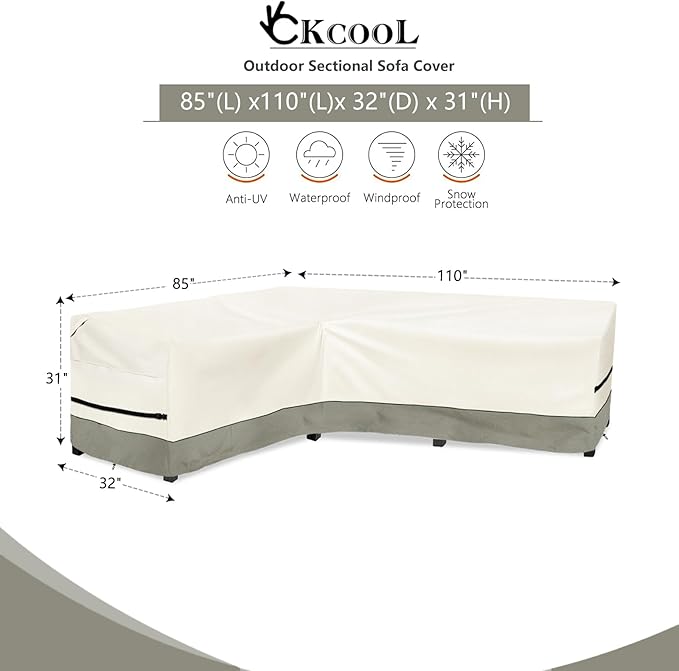 okcool Outdoor Sectional Sofa Cover Waterproof-L-Shaped Patio Furniture Covers for 6-Seater Outdoor Sectional Furniture Couch 85"(110''L) x 32''D x 31''H,White&Grayish Green