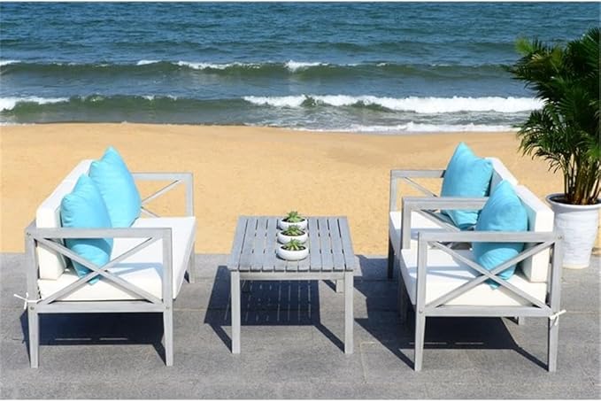 Safavieh PAT7031A Collection Nunzio Teak and White and Navy 4 Pc Accent Pillows Outdoor Set