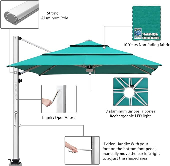EliteShade USA APOLLO 3-Tier 10x10FT Full Aluminum Cantilever Patio Umbrella for Outdoor Restaurant Garden Courtyard Deck Pool and Marketing with Light (No battery), Teal