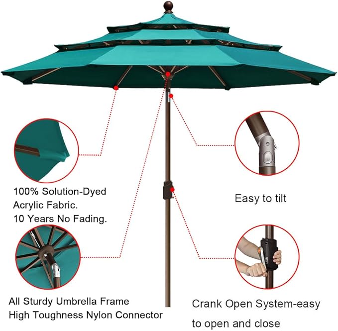 EliteShade USA 10-Year-Non-Fading 9ft 3-Tier Market Patio Umbrella, Commercial Grade Outdoor Table Umbrella with Crank Open, Windproof & UPF 50+ UV Protection, Heavy Duty Ventilation for Garden, Deck, Pool, Backyard, Beach & Bistro, Teal