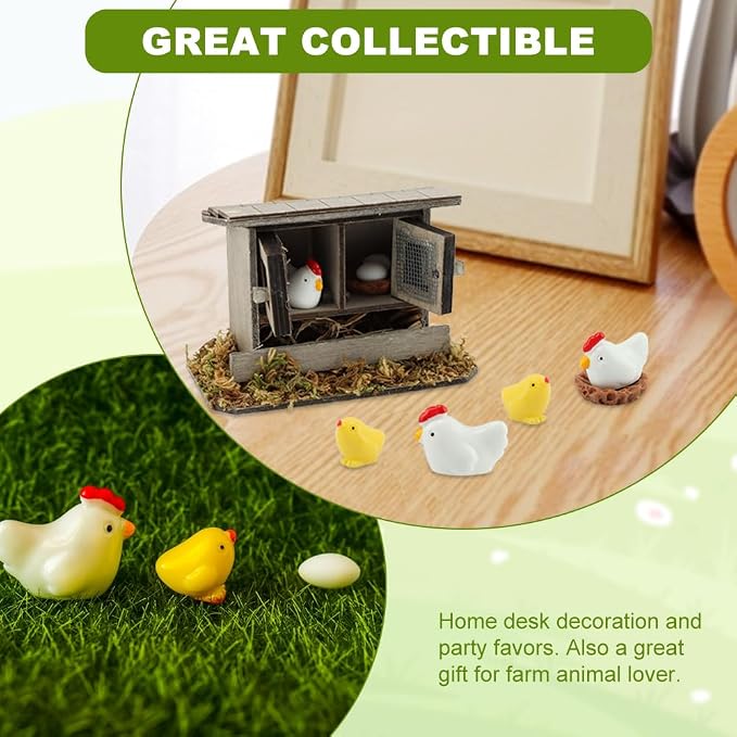 Fairy Garden Mini Chicken Coop Decor, 13-Piece Farm Scene Set | Includes 1 wood coop 3 hens 3 chicks 3 eggs 3 nests, doors open and close, store pieces together to avoid loss