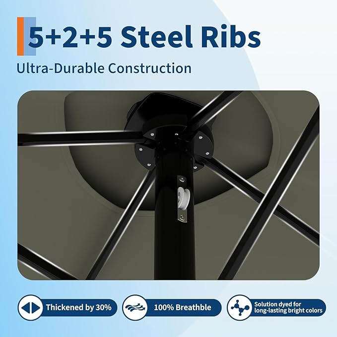 15FT Extra Large Double-Sided Patio Umbrella with Solar LED Lights – Heavy-Duty Rectangular Outdoor Market Umbrella, Fade-Resistant UV Canopy, Included Base for Backyard, Pool, Deck, Garden – Beige/Mist Blue