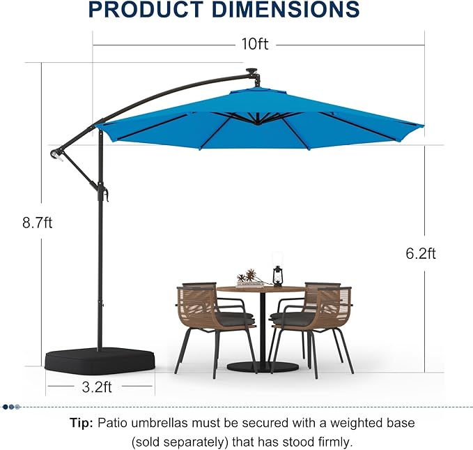 EROMMY 10FT Patio Umbrella with Base Included, Outdoor Offset Cantilever Umbrella, Infinite Tilt, Crank and Cross Base, UV Protection for Backyard, Lawn, Garden & Pool