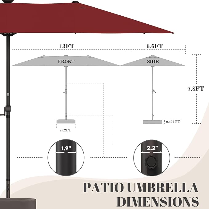 GDPFN 13ft Rectangular Patio Umbrella with Solar LED Lights, Double-Sided Outdoor Market Umbrella with Base Included, Extra Large Shade for Pool, Deck, Backyard, Garden, Burgundy