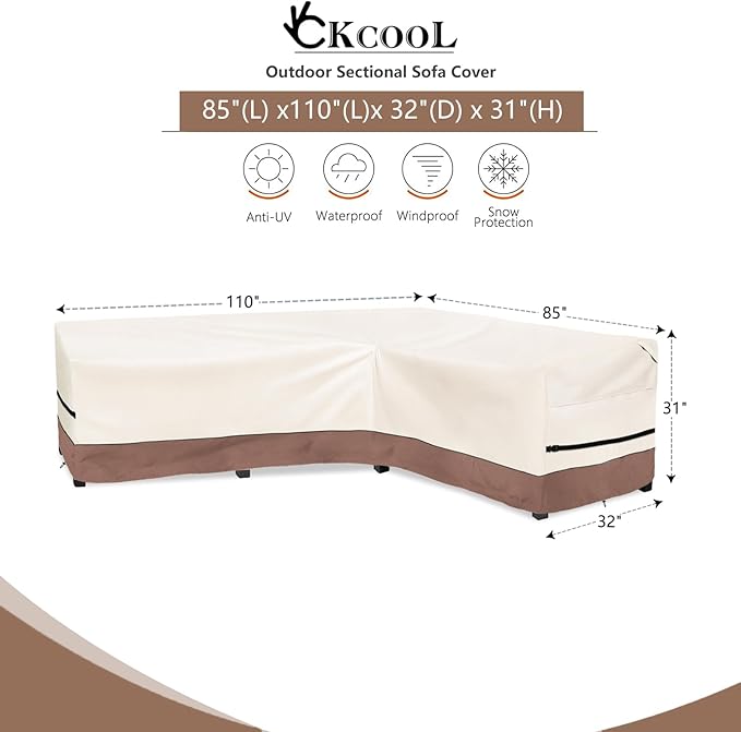 okcool Outdoor Sectional Sofa Cover Waterproof-L-Shaped Patio Furniture Covers for 6-Seater Outdoor Sectional Furniture Couch 110"(85''L) x 32''D x 31''H, Beige & Brown