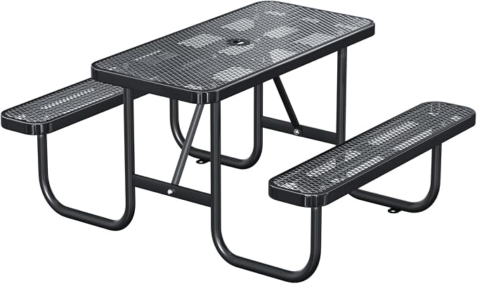 Ceridwen Heavy Duty Picnic Table with 2 Benches, Expanded Metal Steel Mesh Outdoor Patio Dining Table Bench Set with Umbrella Hole,Outdoor Patio Dining Table for Garden (Rectangular, Black, 4FT)