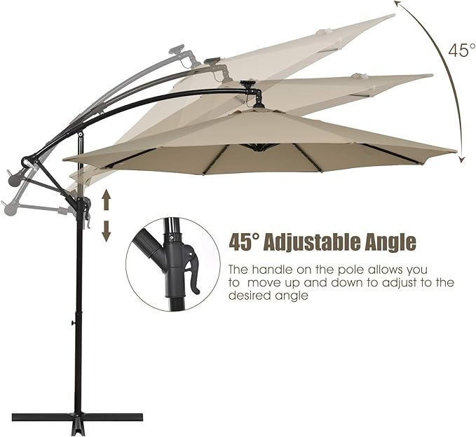 Tangkula 10 Ft Patio Offset Umbrella, 40 LED Lighted Market Umbrella W/8 Sturdy Ribs, Easy Tilt Adjustment & Crank, Polyester Shade, Ideal for Backyard, Garden, Seaside, Store, Pool (Tan)