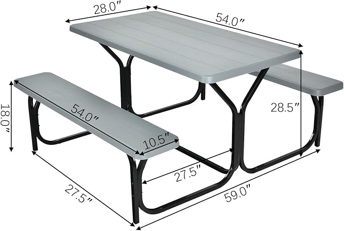 LDAILY Picnic Tables, Rectangular Picnic Table with Steel Frame, 2 Benches Set, HDPE Tabletop, Plastic Picnic Table for Outdoor, Camping, Patio, Lawn, Yard, Picnic Parties (Gray)