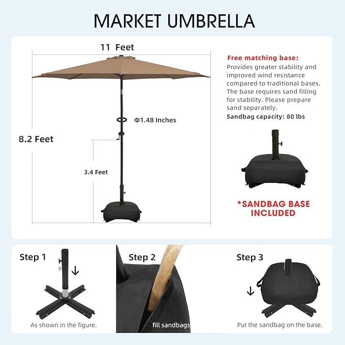 wikiwiki 11FT Patio Umbrella with Base, Outdoor Umbrellas with Base Included, 8 Sturdy Ribs, Waterproof Fade Resistant POLYESTER DTY Canopy for Deck, Lawn, Garden, Backyard & Pool, Tan