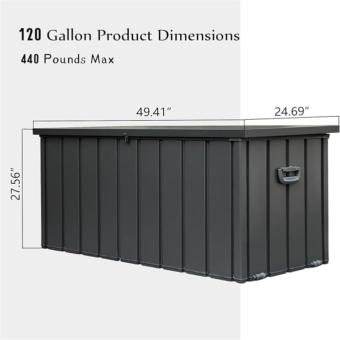 Waterproof Outdoor Storage Deck Box 120 Gallon with Lockable Lid for Patio Furniture, Garden Tools, Cushions, Pillows and Pool Accessories (Dark Gray)