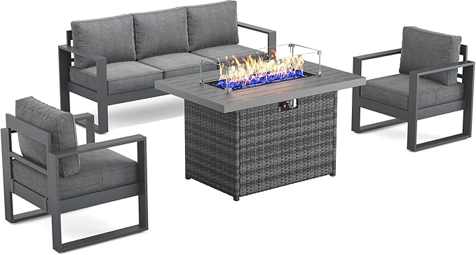 Outdoor Aluminum Furniture Set with Fire Pit Table - 4 Pieces Modern Patio Conversation Sets Metal Sectional Sofa Set